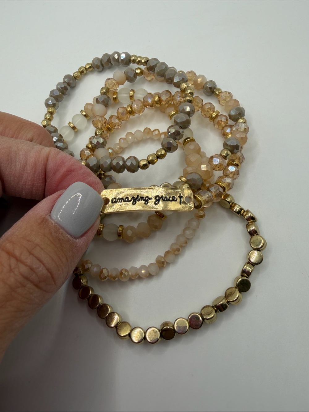 Neutral & Gold Beaded Stretch Bracelet Set with Engraved Sentiment